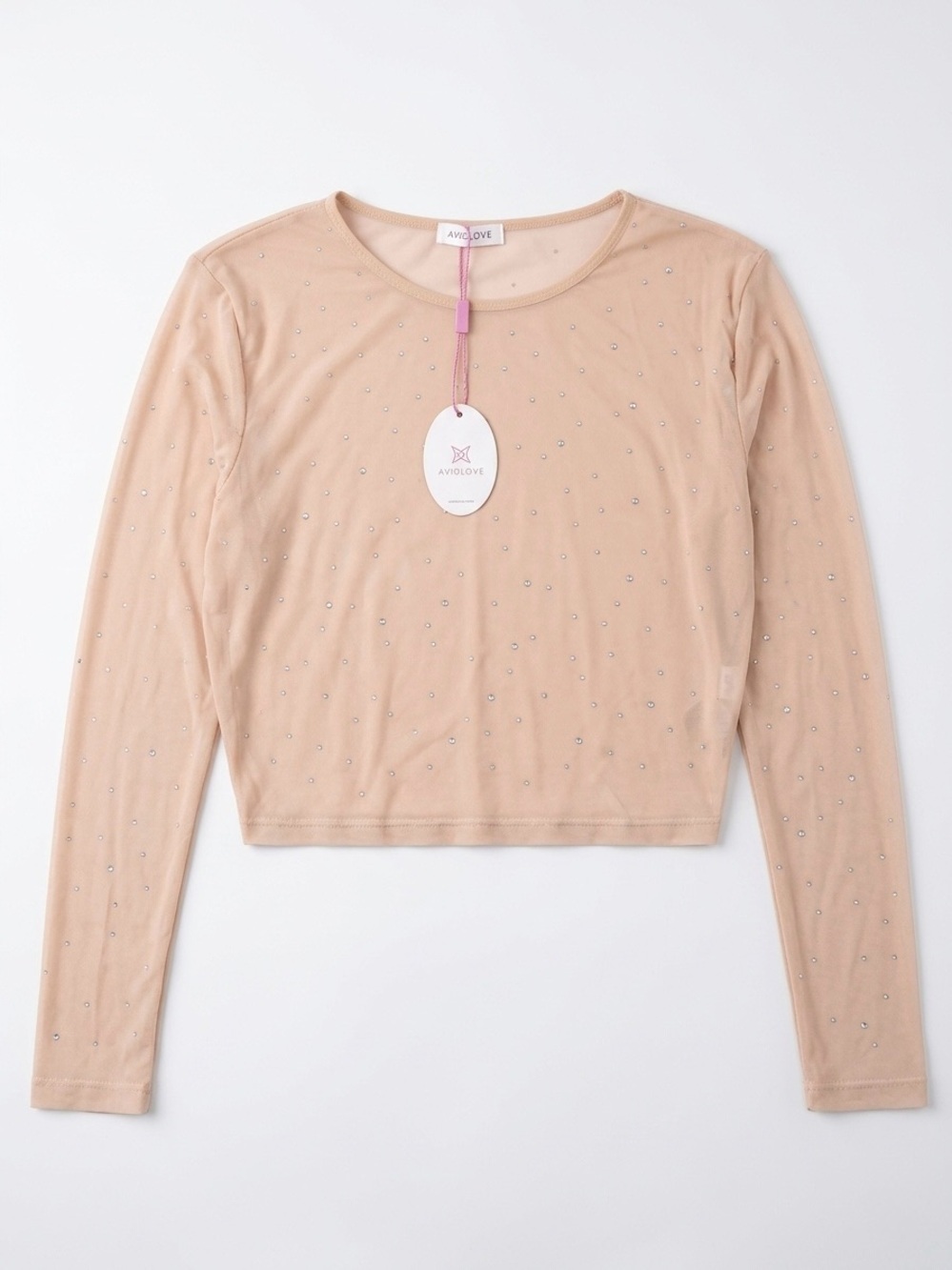 Avidlove Nude Sheer Mesh Crop Top Rhinestone Embellished
